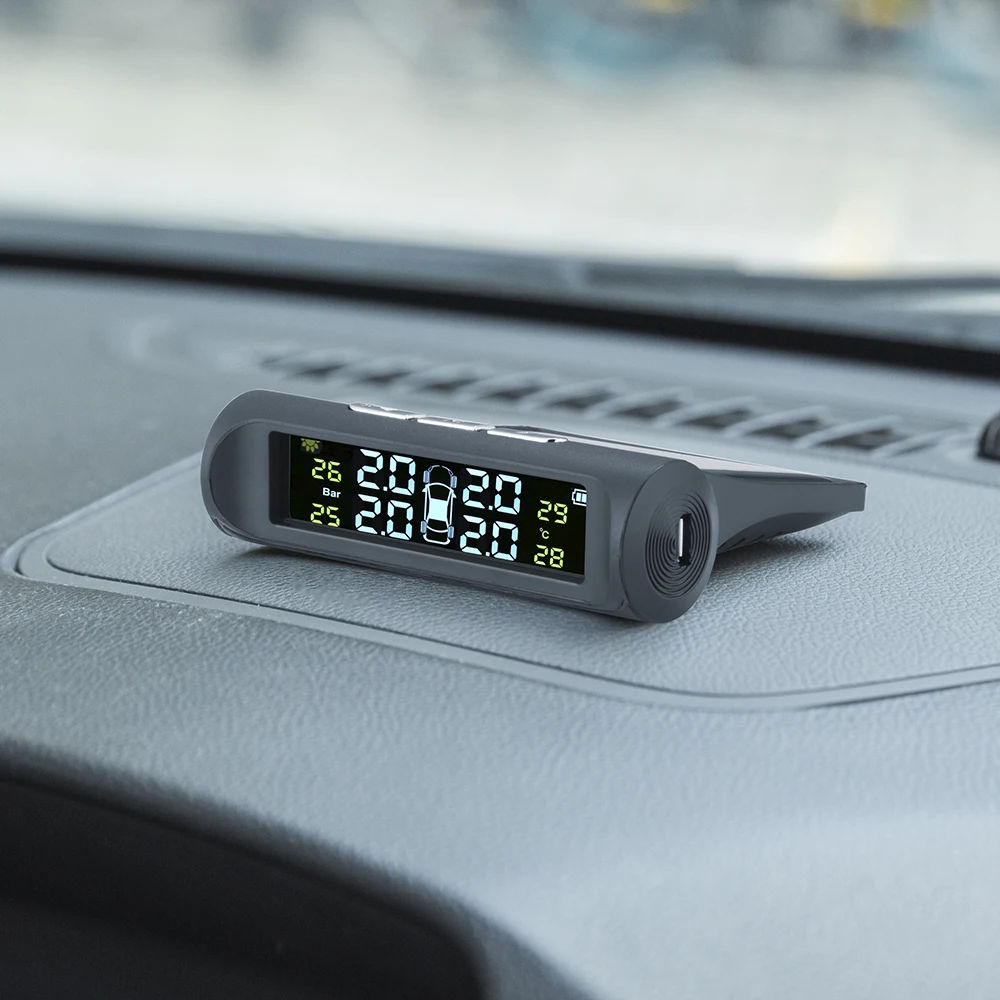 

Car TPMS Tire Pressure Monitoring System 433.92MHz Wireless Solar Charging Digital LCD Display Auto Alarm System with 4 Sensors