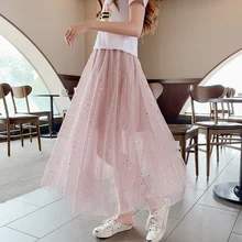 Faldas Mujer Макси Юбка Saia Longa Женская Весенняя сетчатая юбка с завышенной талией плиссированная однотонная длина до середины икры со звездами Милая