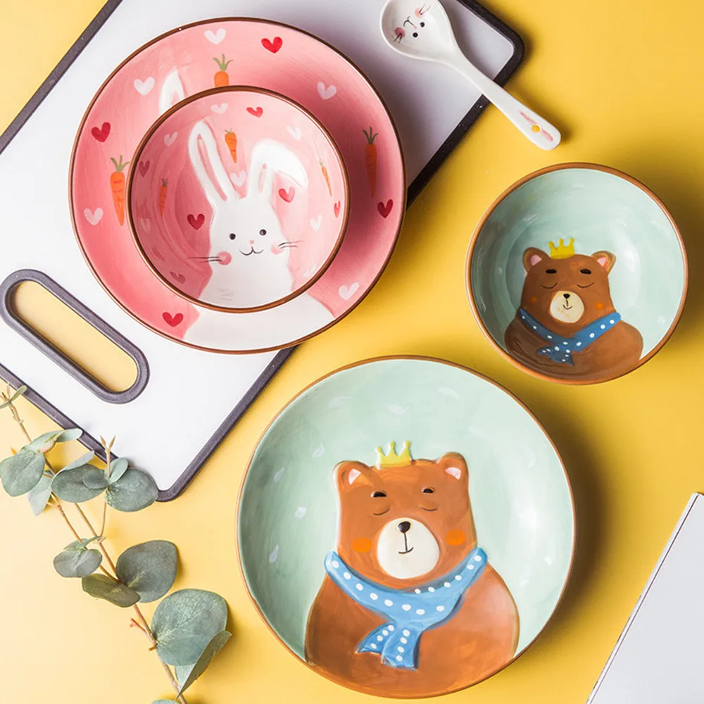 Креативная мультяшная Милая керамическая обеденная тарелка для десертов, фруктов, закусок, простая тарелка с кроликом, медведем, животным, для детей