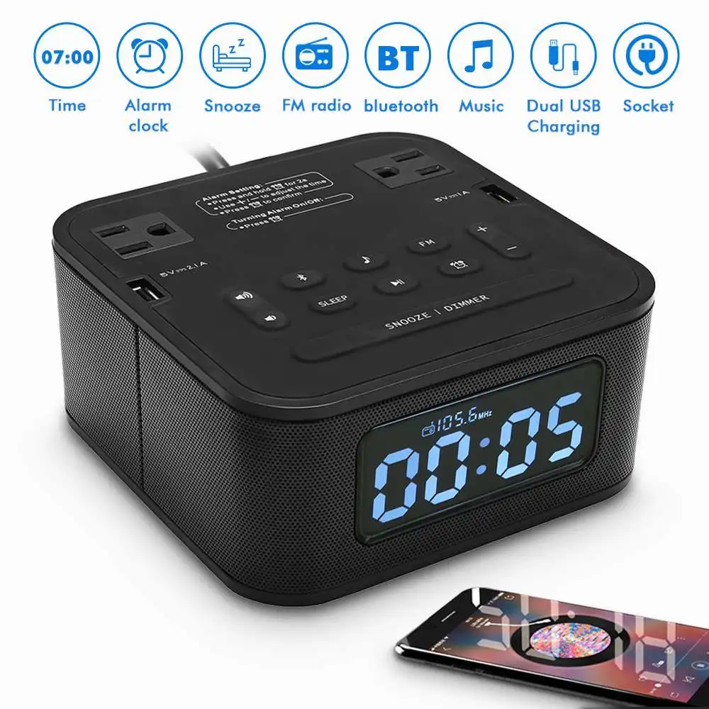 

Home LCD Display Alarm Clock Radio Wireless bluetooth Speaker Digital Clock With FM Radio Dual USB Charging Port Alarm Clock
