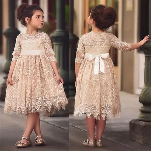 Little Girls Lace Long Sleeve Dress Casual Kids Baby Girl Dress