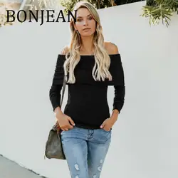 BONJEAN Slash средства ухода за кожей шеи свитер для женщин 2018 осенняя одежда с длинным рукавом черный вязаный свитеры и пуловеры