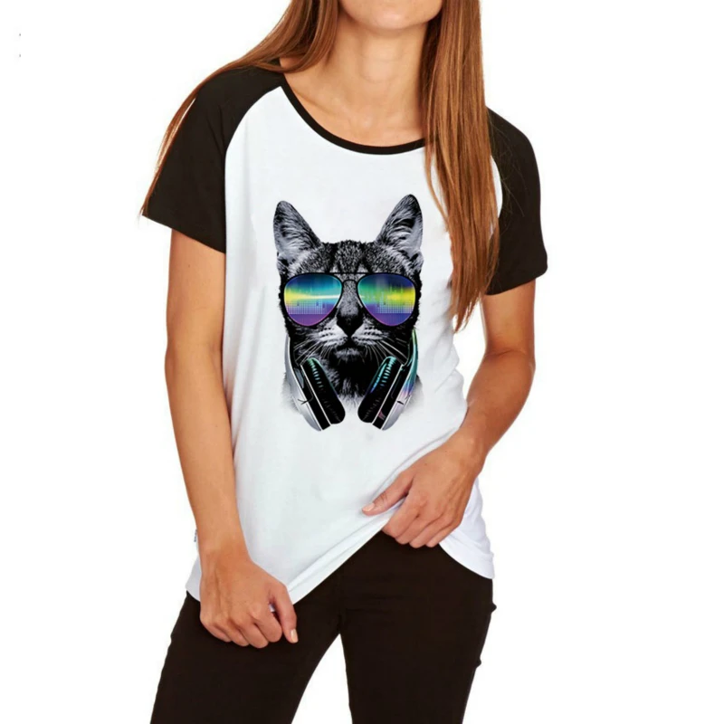 

Women summer Cool DJ Cat print T shirt Female Clothes Loose Short Sleeve O-Neck Tshirts white black plus size Tops Tee 2019 New