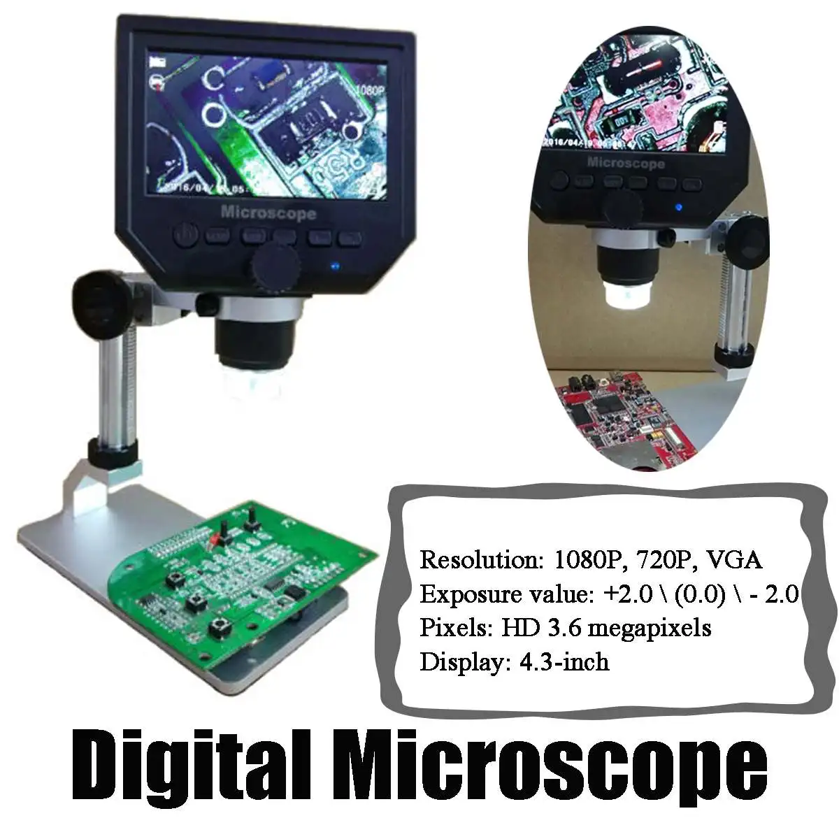 

600X Digital Microscope for Electronics Video Microscope 4.3 inch HD 3.6MP LCD USB Soldering Microscope Aluminum Alloy Stent
