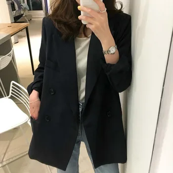 

High Quality Fashion Bouble Breasted Women Blazer Spring Black Pockets Jackets Female Retro Suits Coat Work Feminino Outerwear
