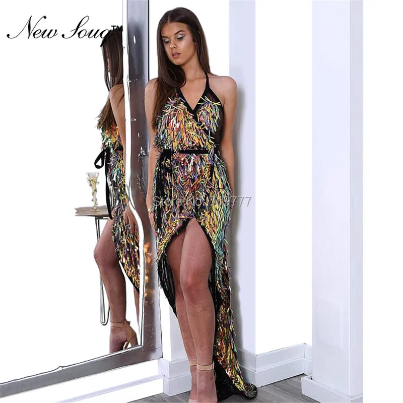 

Abendkleider V Neck Evening Dress Arabic Party Gowns Sequins Dubai Prom Dresses High Low Style Dress Robe De Soiree 2019 Kaftan