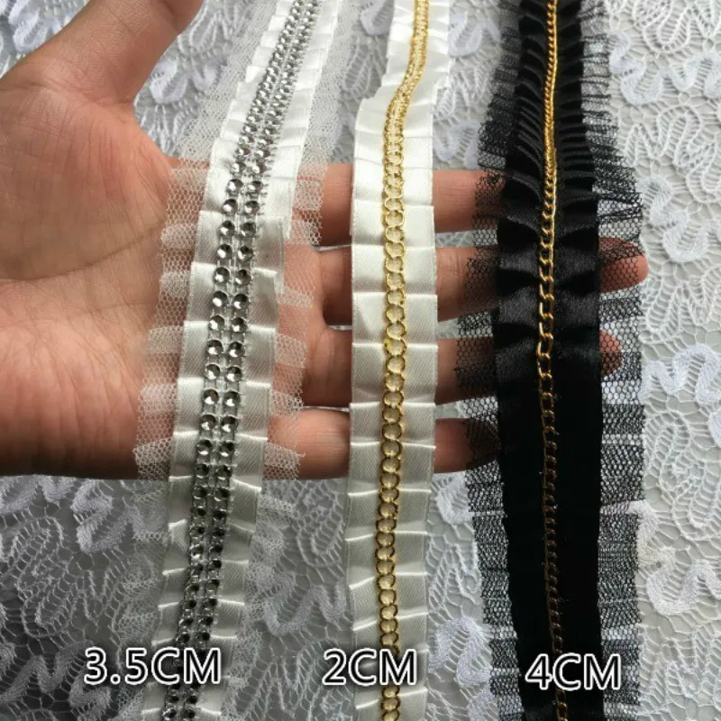 

Luxury Beaded Chain Pleated Chiffon Lace Satin Mesh Lace Tulle Folded Sewing Lace Fabric Collar Applique 3D Women Dress Guipure