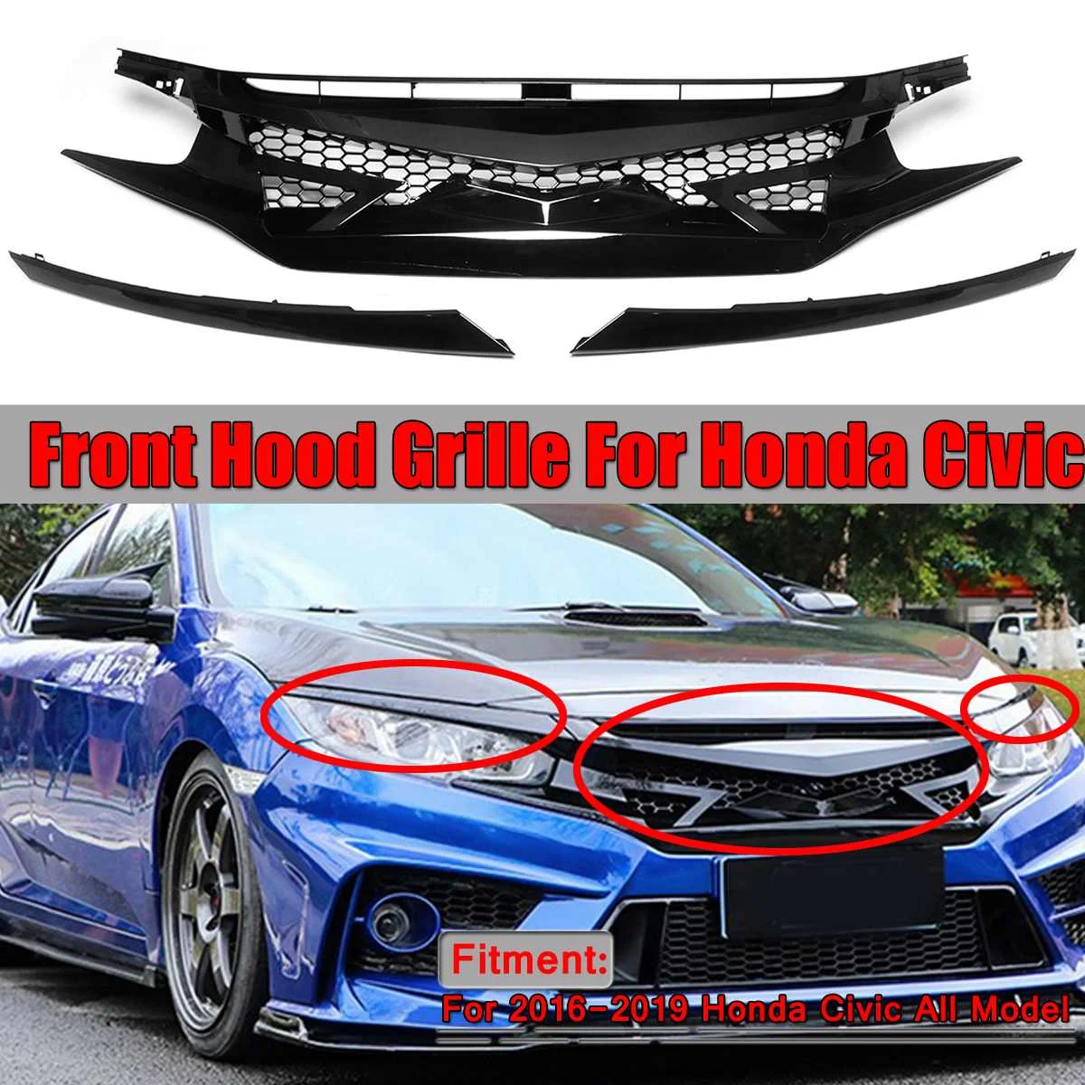 

New Front Grilled For Civic 3pcs Car Front Bumper Center Grille Grill+Top Headlight Cover Eye Lid For Honda For Civic 2016-2019