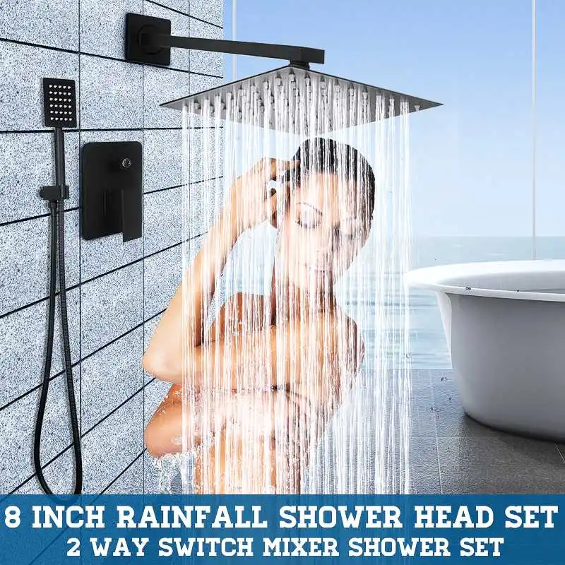

8 Inch Black Square Rainfall Shower Set Bathroom Shower Head Faucet Wall Mounted Mixer Tap Ultrathin Handheld Shower Spray Set