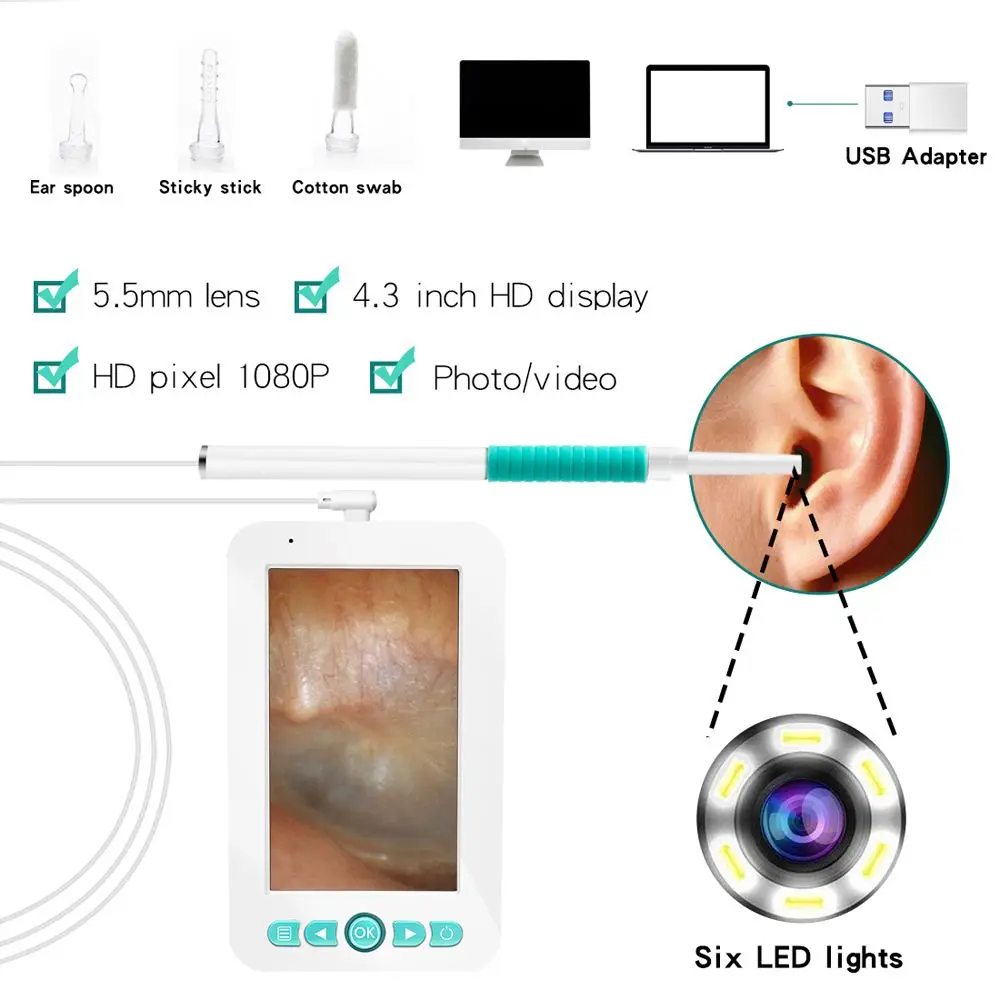 

Inskam 209 Endoscope In Mini Borescope Camera 4.3" HD 1080P Display Visual Ear Spoon Visible Ear Cleaning Tool with 6 LED