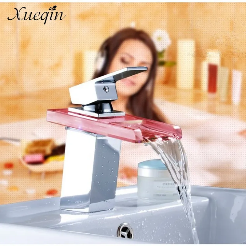 LED Color Changes Glass Waterfall Basin Faucet Bathroom Bath Tub Sink Mixer Tap Single Handle Kitchen Water Faucet Chrome Finish