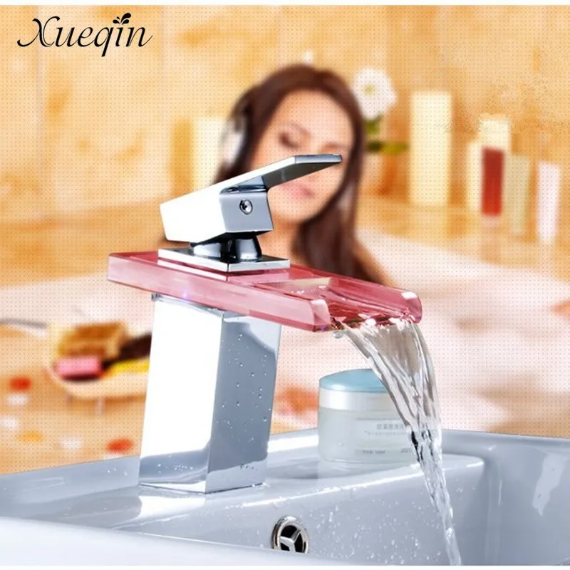  LED Color Changes Glass Waterfall Basin Faucet Bathroom Bath Tub Sink Mixer Tap Single Handle Kitch - 32969530726