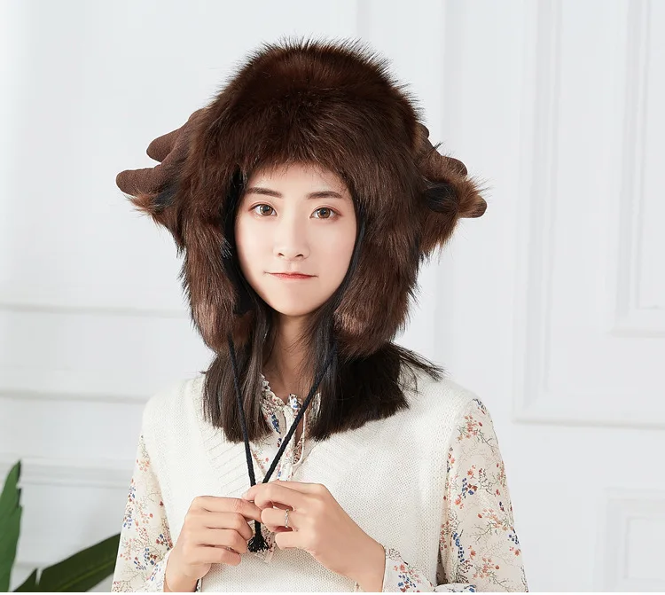 

Winter Super Warm Lovely Cartoon Antler Hat Adult Fur Bomber Hat Man / Women Unisex Deer Head Ox Horn Hat Furry