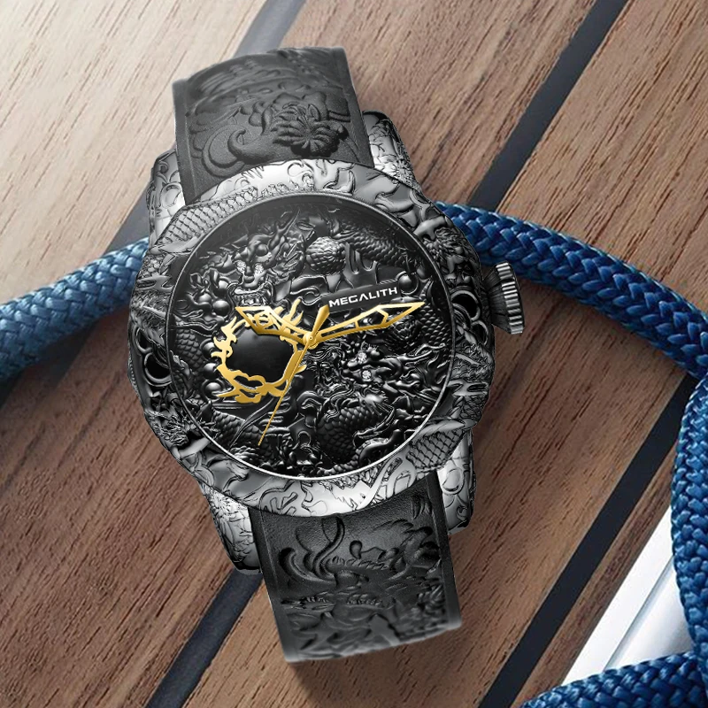 

MEGALITH Mens Watches 3D Sculpture Dragon Quartz Watch Waterproof Rubber Strap Big Dial Sport Watch Man Relogio Masculino