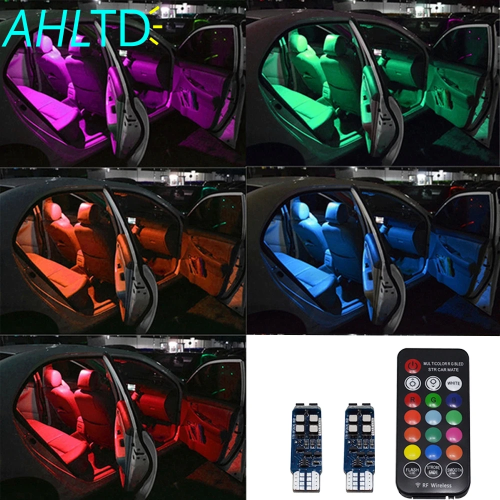 

2Pcs/1set 12V T10 W5W 3535 10Led RGB Atmosphere Light Reading lamp 194 168 Bulb Remote Interior Car Lighting Source Car Styling
