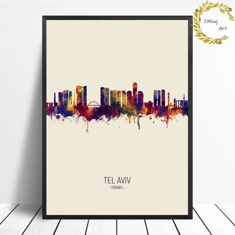 

Tel Aviv Israel Skyline City Map Modern watercolor Canvas Art Print Wall Pictures for Living Room No Frame