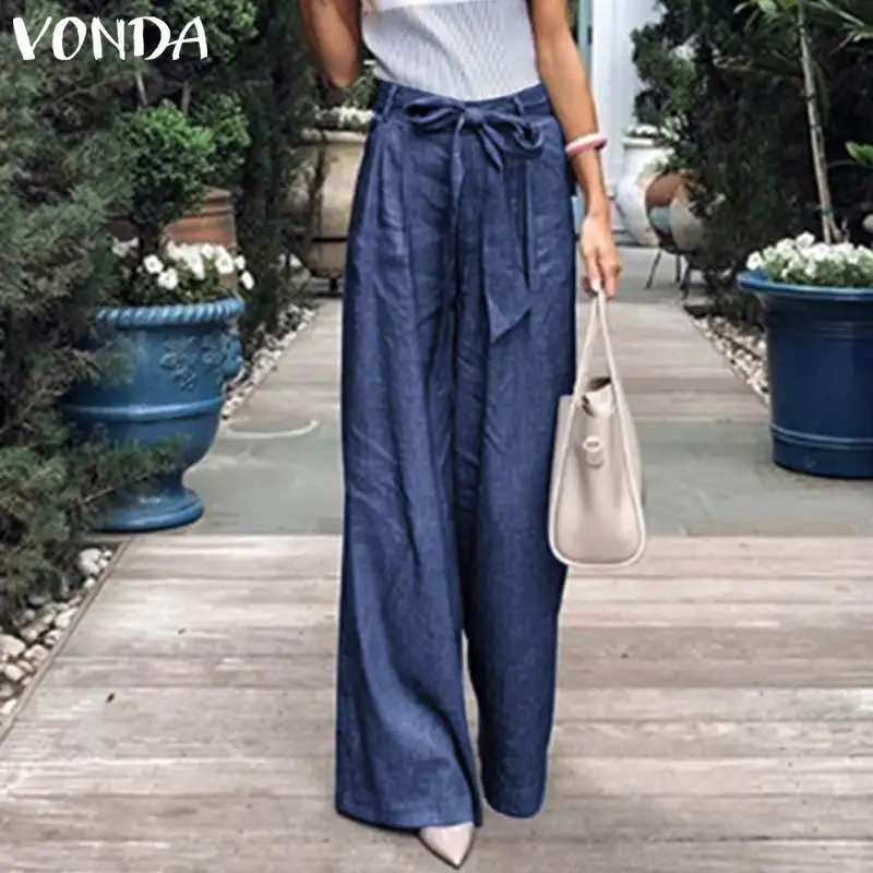 

VONDA Plus Size Women Wide Leg Pant 2019 Bohemian Casual Pants High Waist Belt Trousers Vintage Pantalon Femme Overalls S-5XL