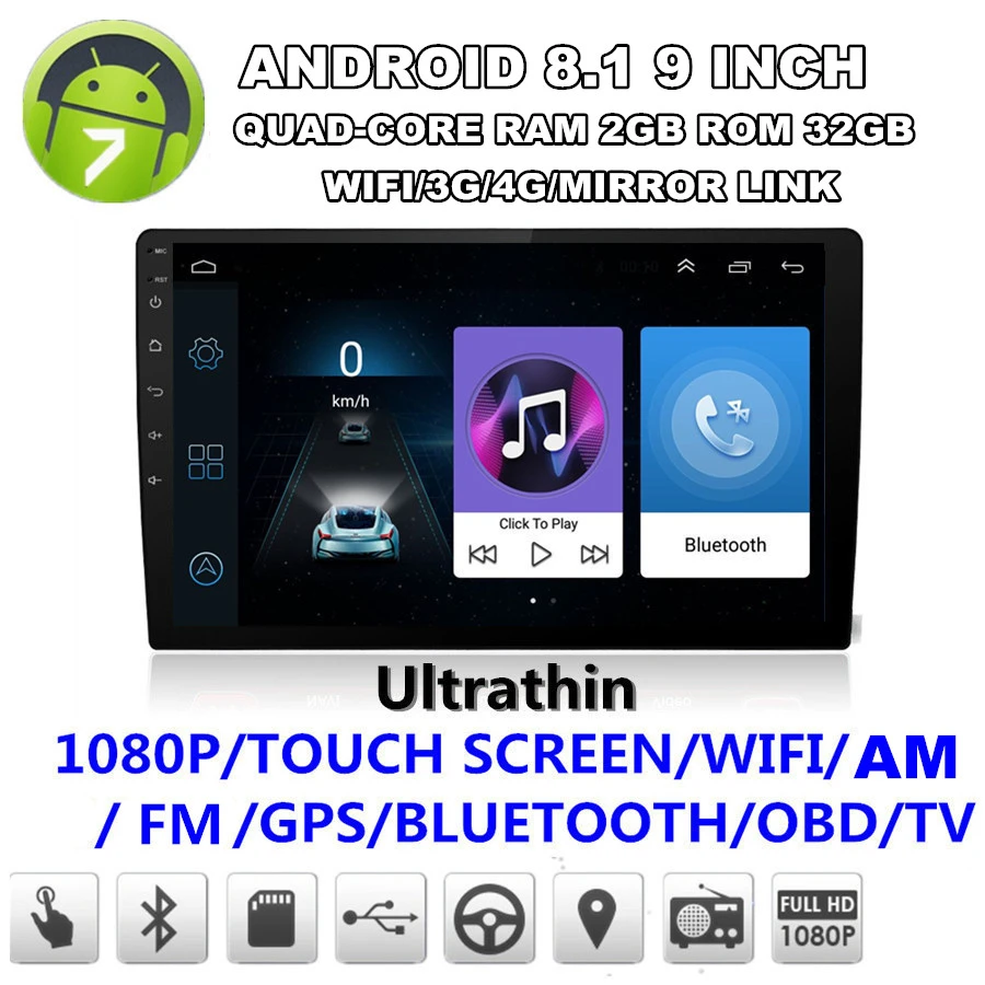 

9" 2DIN Android 8.1 Quad-core RAM 2GB ROM 32GB Car Stereo Radio GPS Wifi 3G 4G BT
