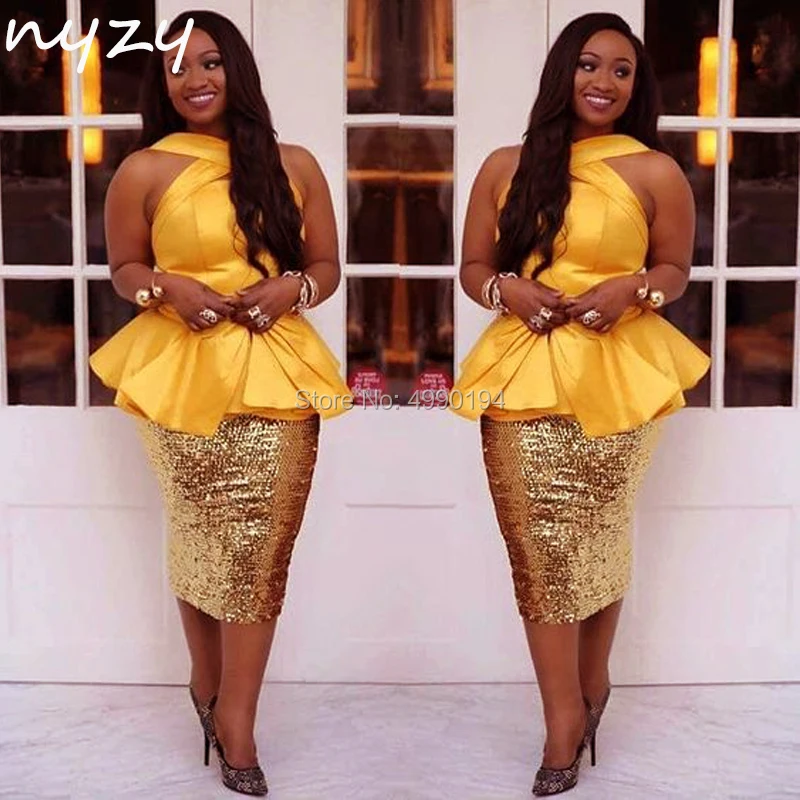NYZY C73 Gold Robe Cocktail Dresses Prom Gowns Halter Sequins Formal Dress Wedding Party Dress vestido coctel