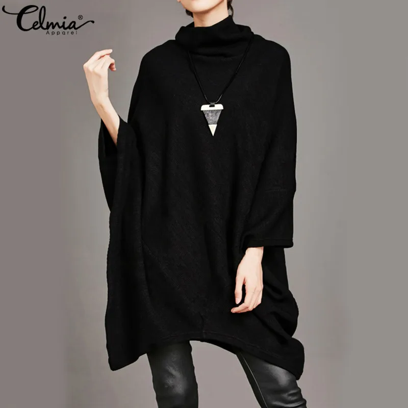 

Celmia Plus Size Women Winter Turtleneck Dress Female Casual Loose Long Batwing Sleeve Tops Pollovers Oversized Vestidos Femme