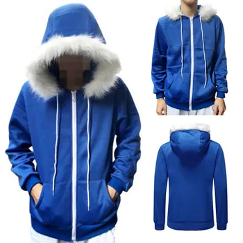 

Cospaly hoodies mens blue fleece Fur collar hooded jacket autumn Couple Costume male warm zipper coat Cardigan outwear Tops