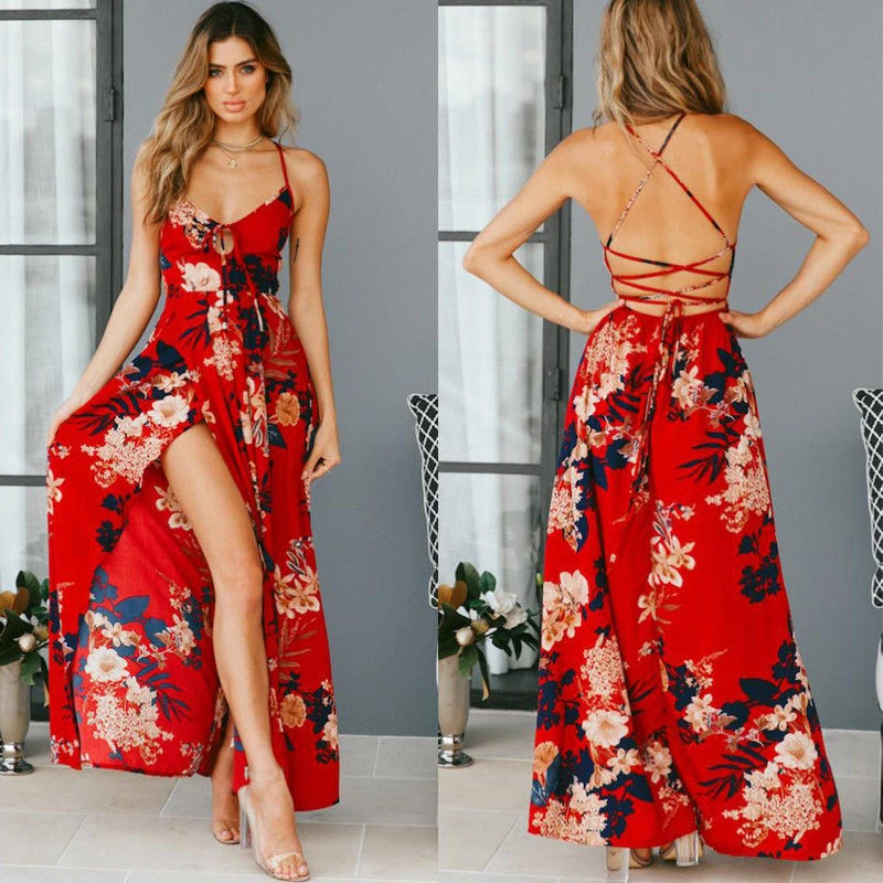 Vestido bohemio de flores para mujer, vestido largo dividido para fiesta de cóctel, Playa, elegante, tumblr|Vestidos| - AliExpress