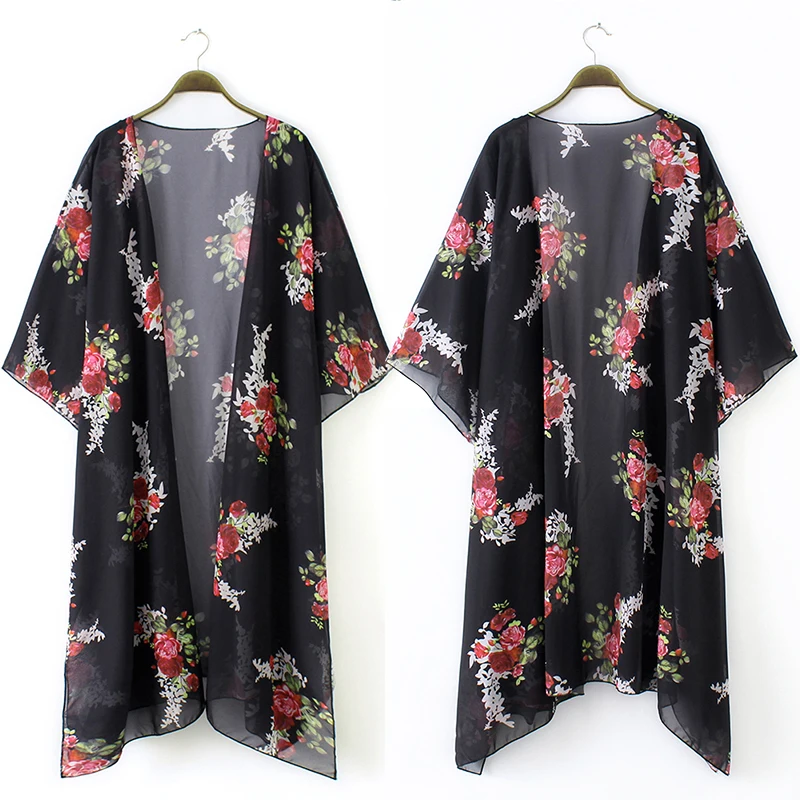 Plus Size 4XL 5XL Women Chiffon Kimono Cardigan Floral Print Asymmetric Boho Loose Casual Outerwear Beachwear Cover Up Blusas
