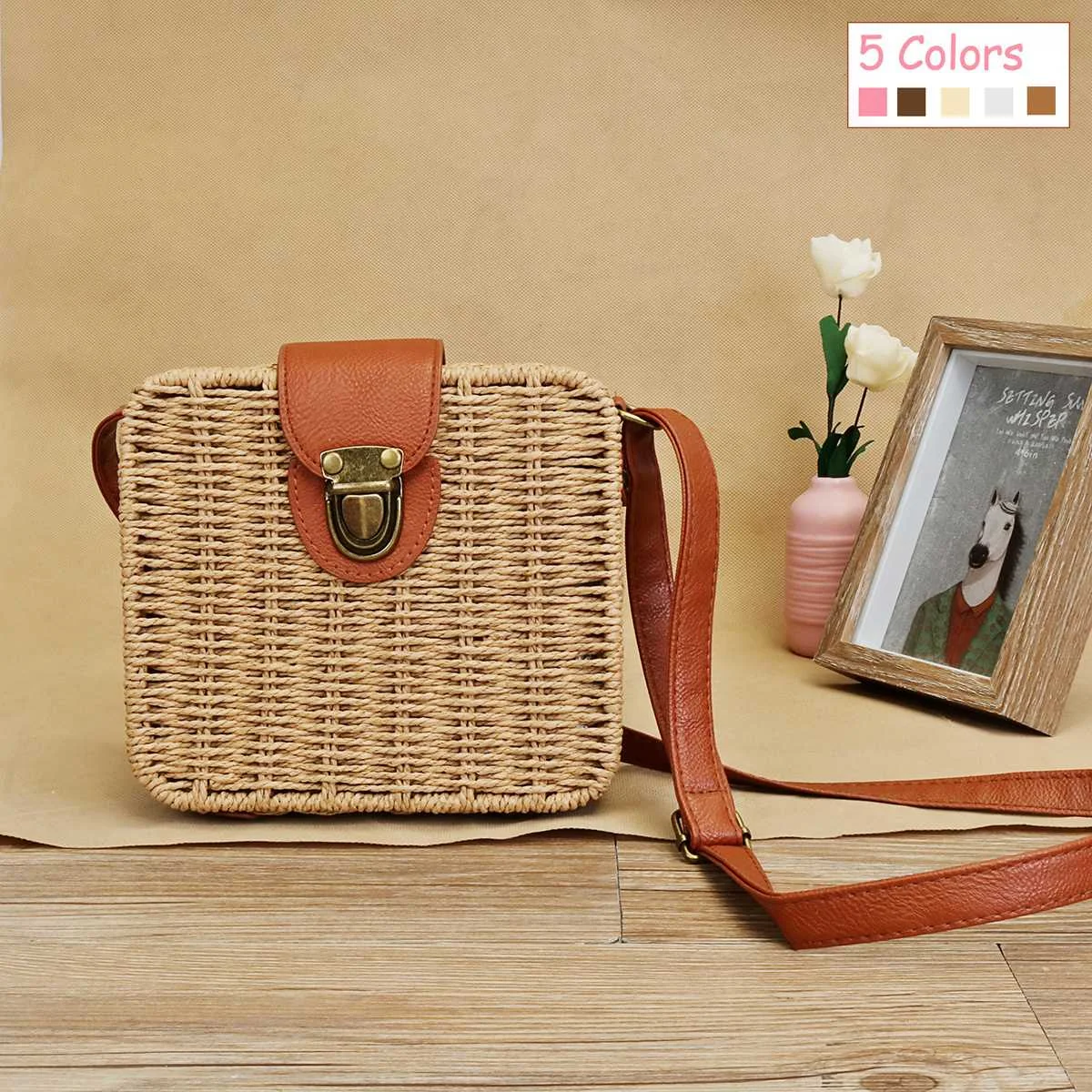 

Rattan Straw Bag Women Summer Beach Crossbody Handbag Lady Female Square Literary Hand Woven Bag Messenger