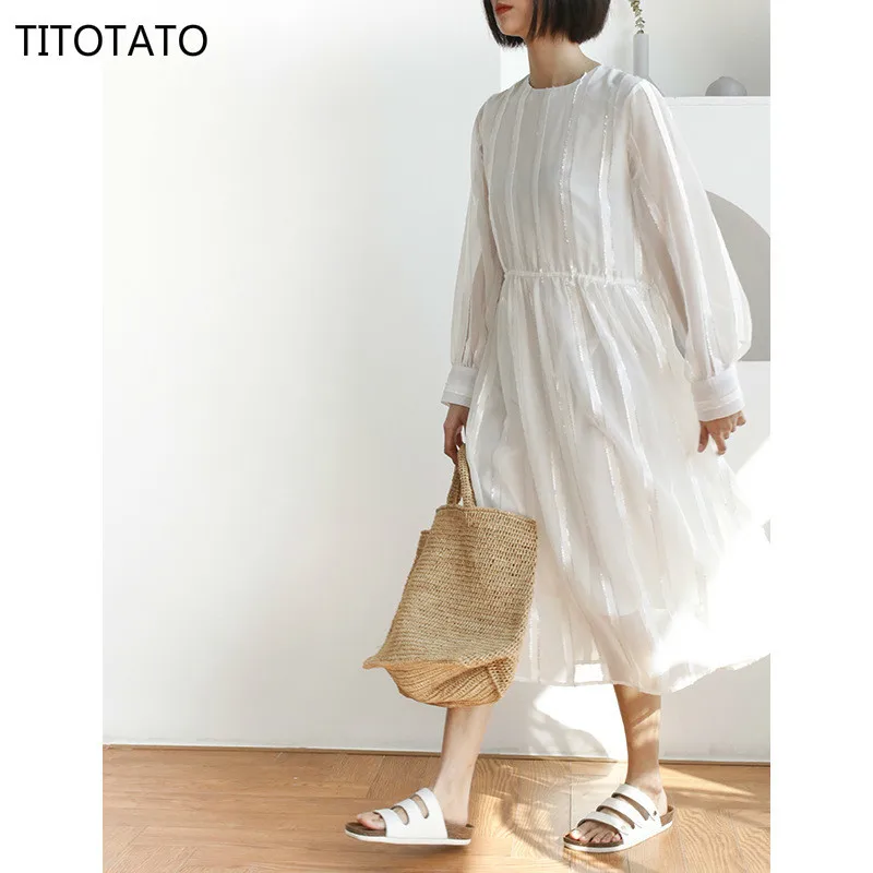 

Titotato 2019 Summer Women Dress Solid Color Dress Korea Casual O-Neck Full Mesh Pullover Loose Long White Dress Vestidos Size