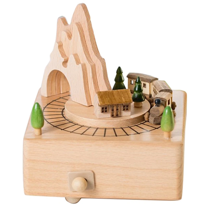 

Wooden Musical Box Featuring Mountain Tunnel With Small Moving Magnetic Train | Plays