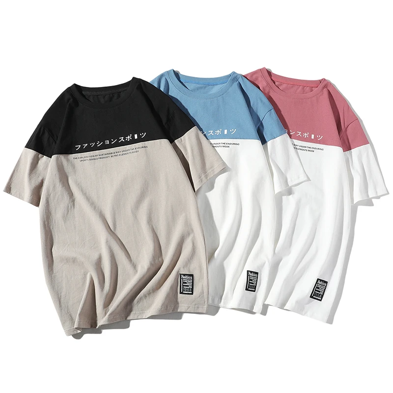 

M-3XL Men T Shirt Harajuku Patchwork Panelled 100% Cotton Summer Simple Style O-neck Casual Short Sleeve Unisex Mens T-shirts