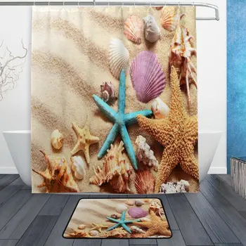 

Beach Ocean Sea Landscape Shower Curtain and Mat Set, Colorful Starfish Seashell Waterproof Polyester Bathroom Curtain