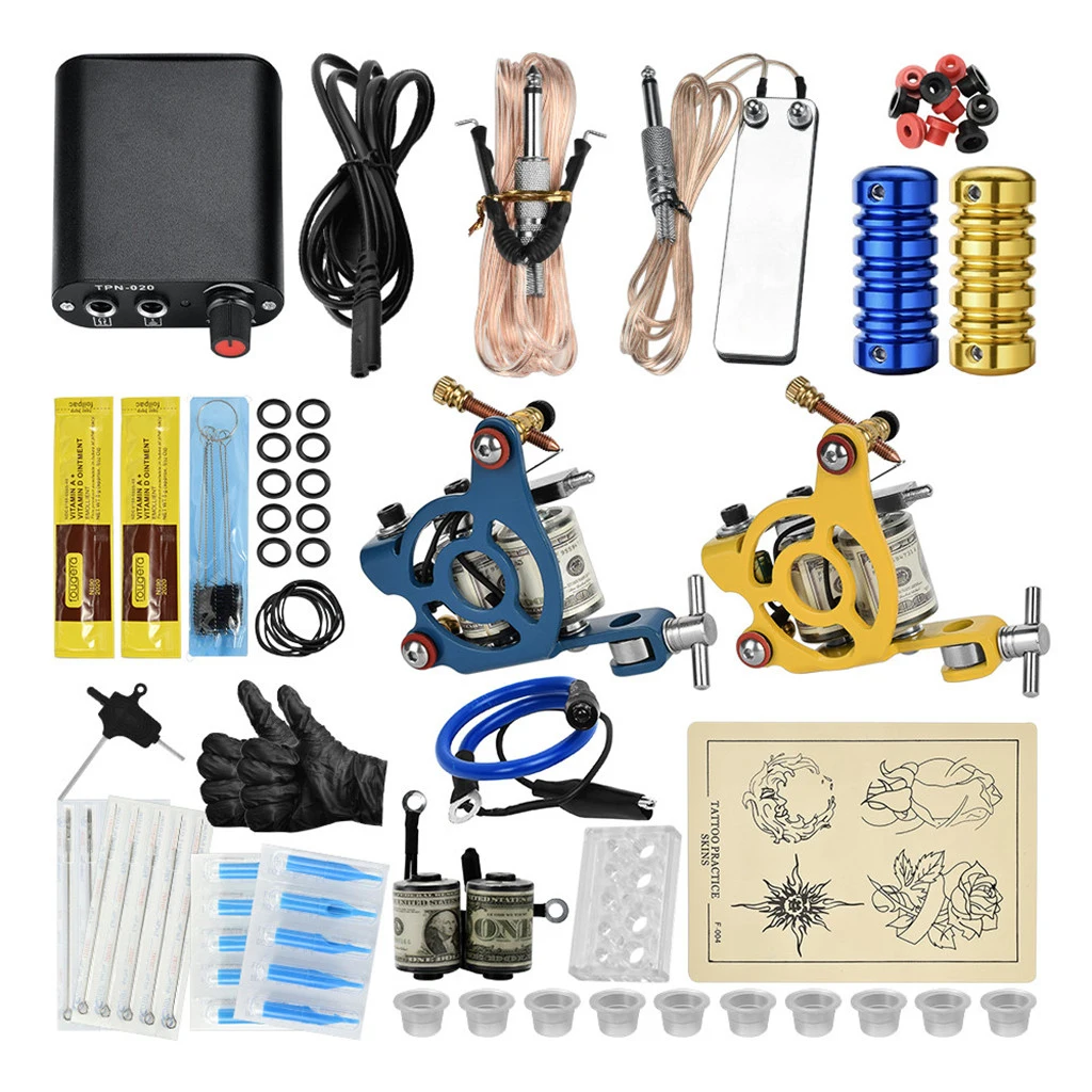 

Beginners Complete Tattoo Kit Machine Rotary Set Power Supply Foot Pedal Needles Nozzles Tips Tools