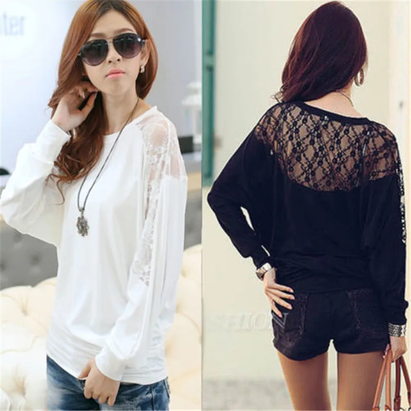 Womens Batwing Dolman Long Sleeve Lace T-Shirt Tops Loose Blouses Black White