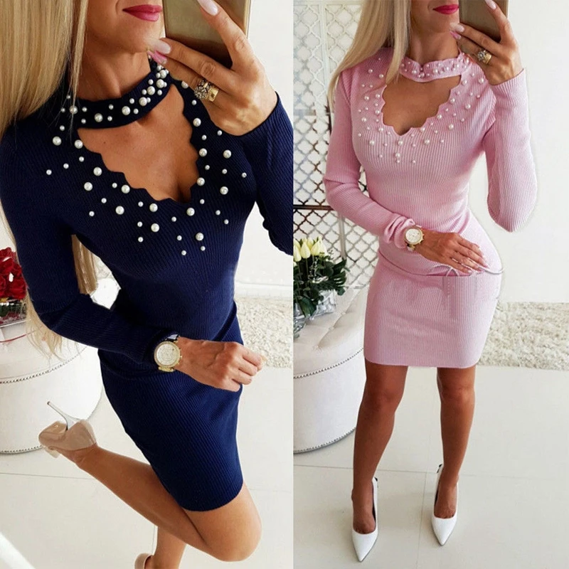 

Sexy Women Bodycon Strappy Choker V Pearl Beading Party Long Sleeve Short Knitted Pencil Dress