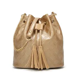 Женская сумка новый сплошной цвет PU Drawstring женская сумка-мешок Алмазные линии и цепь с кисточкой сумка емкость сумки на плечо
