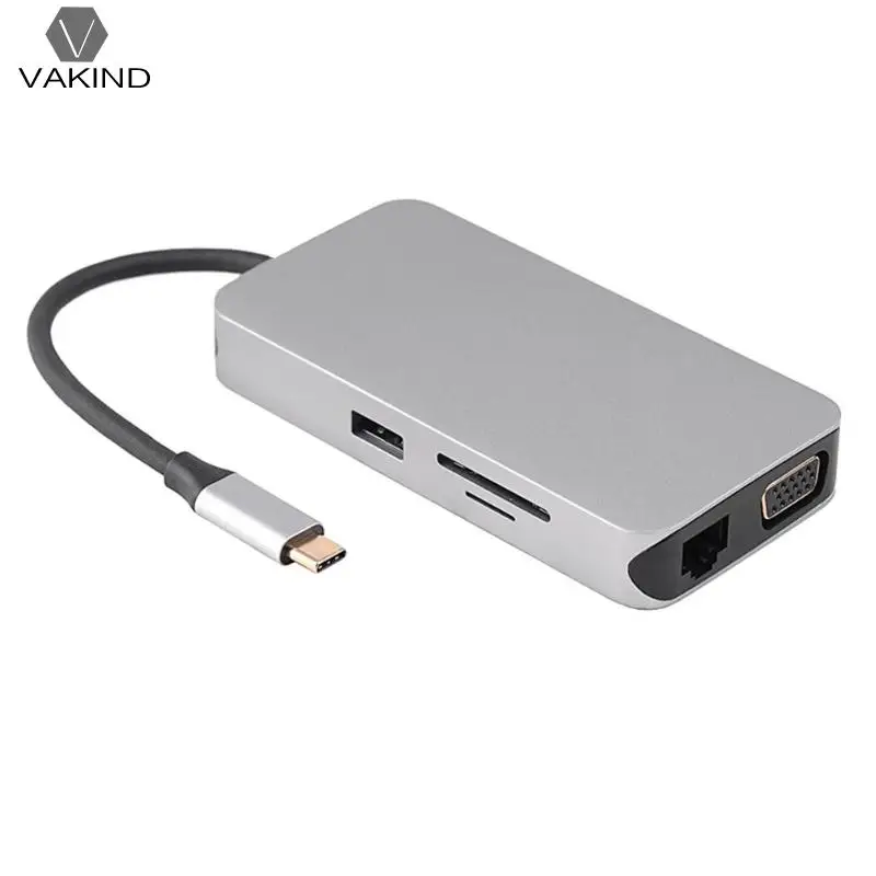 

10 in 1 USB C Hub Type C to HDMI 1080P VGA RJ45 USB 3.0 with 3.5mm Audio for SD TF Card Reader
