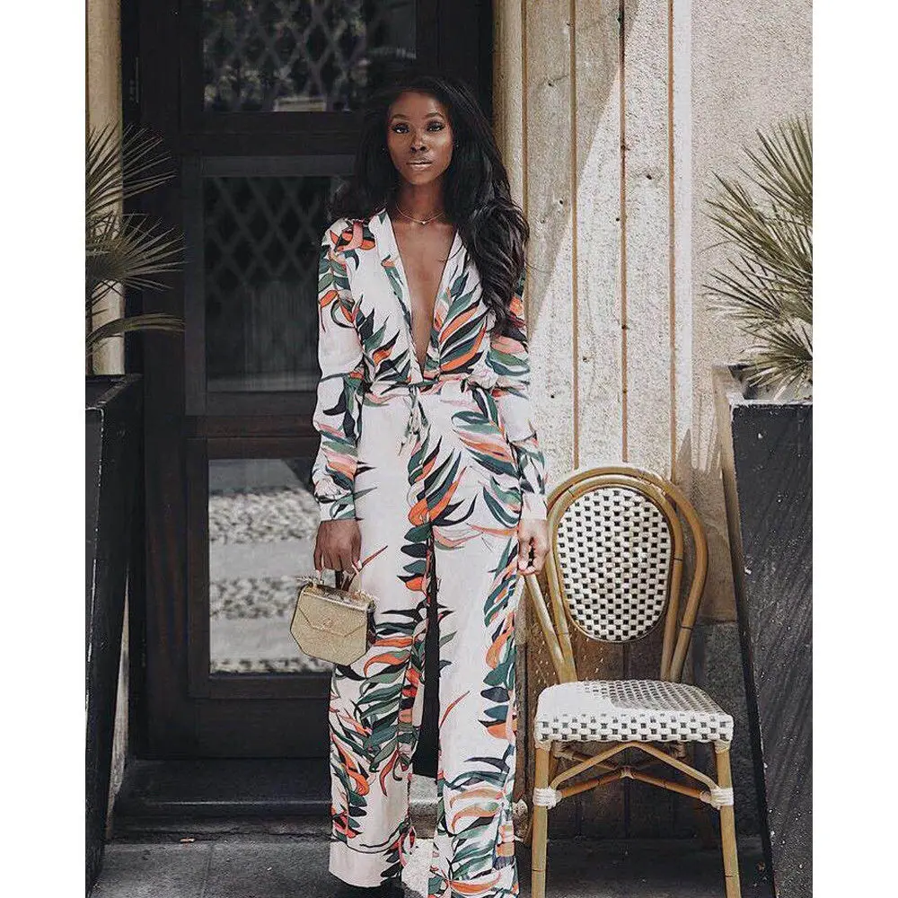 

hirigin Summer Womens Jumpsuit Floral Print Deep V Neck Romper Casual Wide Leg Pants Bodycon Clubwear Party Jumpsuit