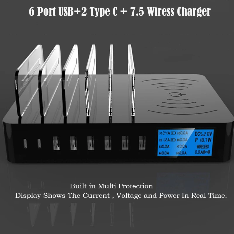 8A Мульти USB зарядное устройство концентратор Настольный Qi беспроводной зарядное устройство Pad светодиодный дисплей Универсальный 8 портов несколько usb зарядная станция базовый держатель