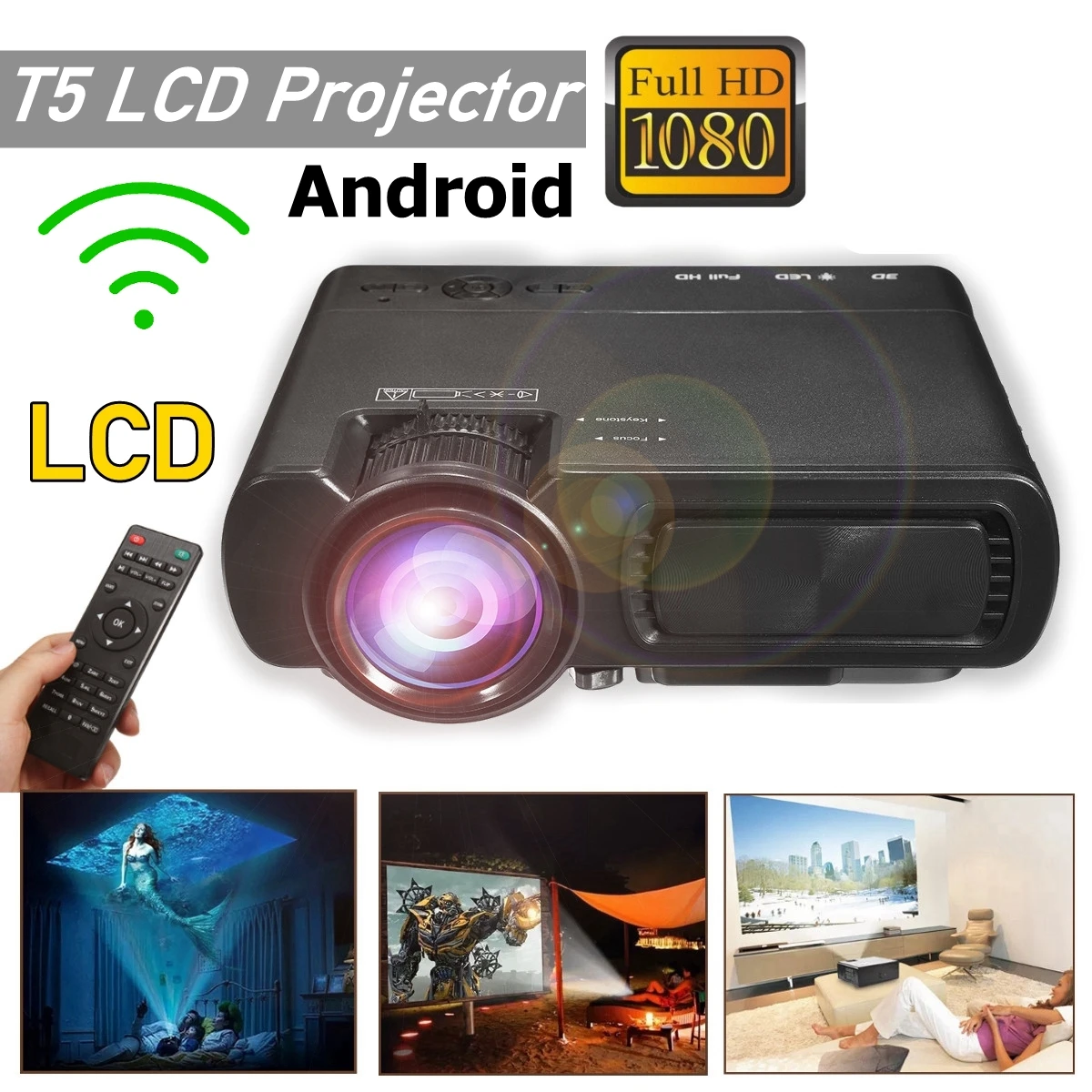 

Mini Projector T5 LCD 7000 Lumens 1080P Full HD Wifi bluetooth Home Theater Android 6.0 Audio Speaker Home Theater Cinema