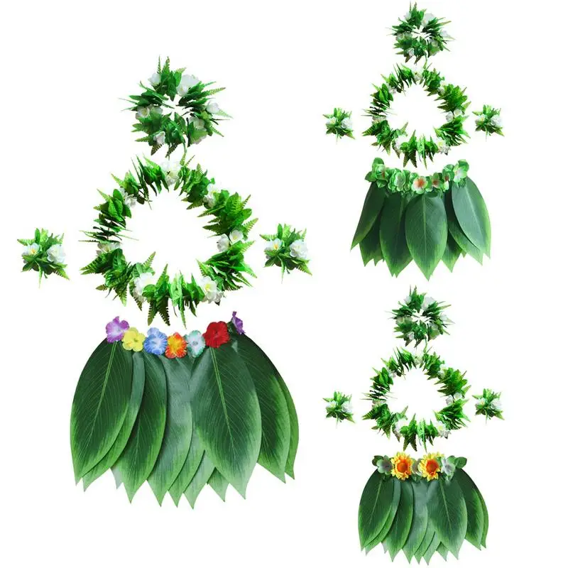 

Hawaii Hula Green Leaf Wreath Necklace Bracelet Leaf Skirt BBQ Party Clothing Decoration Five-Piece Hawaiian Hula Luau Party