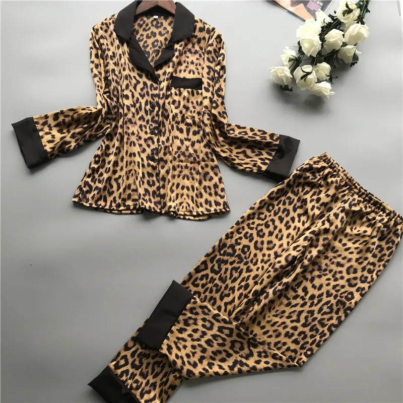 Летние женские пижамные комплекты со штанами, шелковая Домашняя одежда, атласная сексуальная пижама с леопардовым принтом, тонкая пижама с длинным рукавом