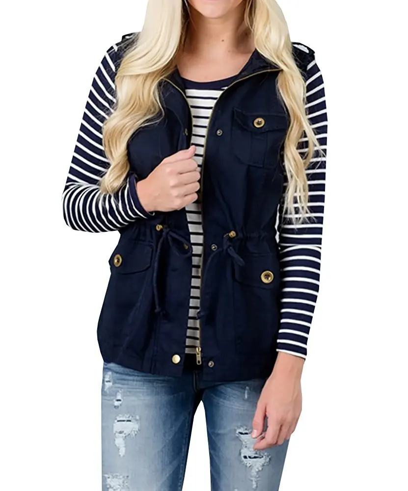 Kaufen Frauen Olive Cargo Utility Safari Weste mit Taschen Kordelzug Armee Top Jacke Mantel Herbst Kleidung