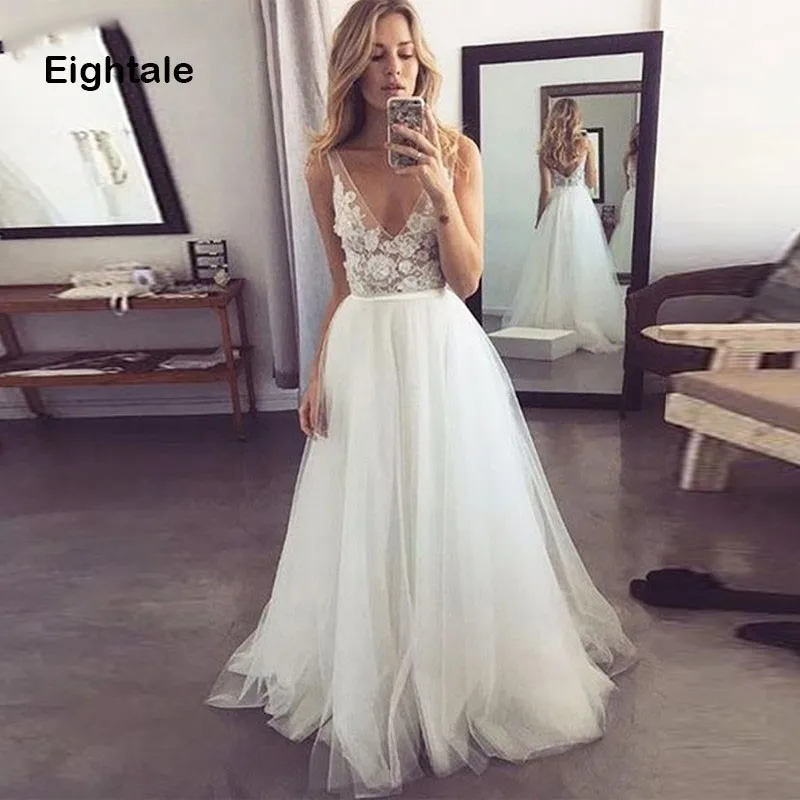 

Eightale Simple Beach Wedding Dress V Neck Formal A Line Tulle Bridal Long White Ivory Bridal Gowns Illusion Vestido De Noiva