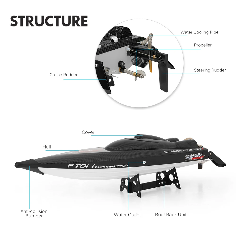 Feilun FT011 2.4G 55km/h High Speed RC Boat Racing Boat with Water Cooling Flipped Self-righting Function Ship Speedboat Toys