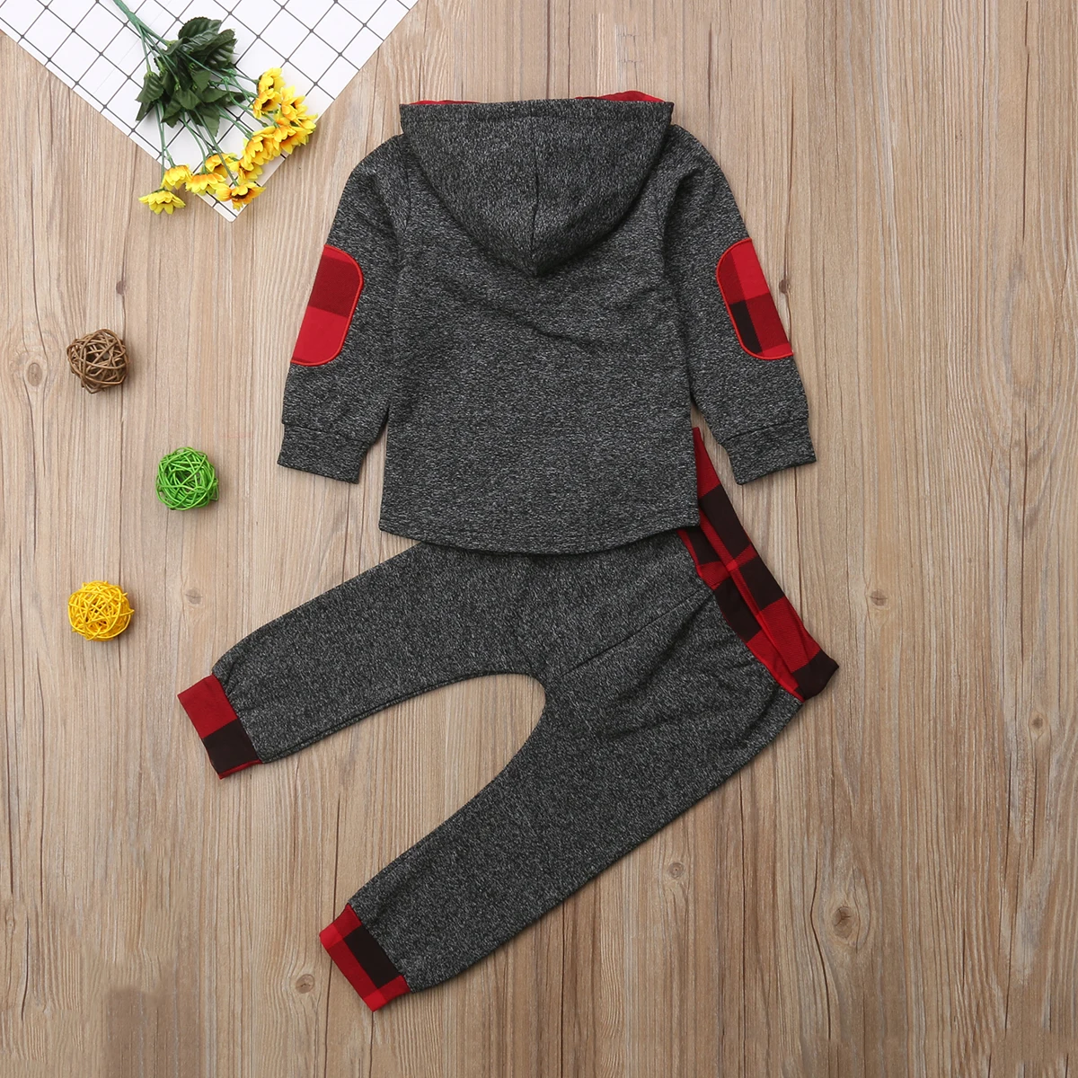 Newborn Baby Girls Boys Warm Plaid Hooded Sweatshirt+Pants 2PCS Outfits Clothes Set