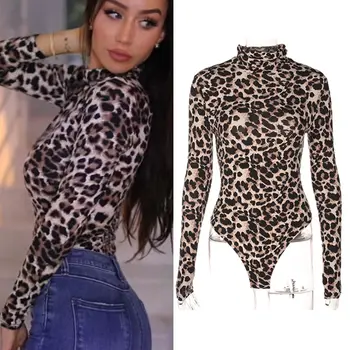 

Women Leopard Bodysuit Stretch Leotard Long Sleeve Body Tops Turtleneck Jumpsuit Sexy Women Clothes Fashion