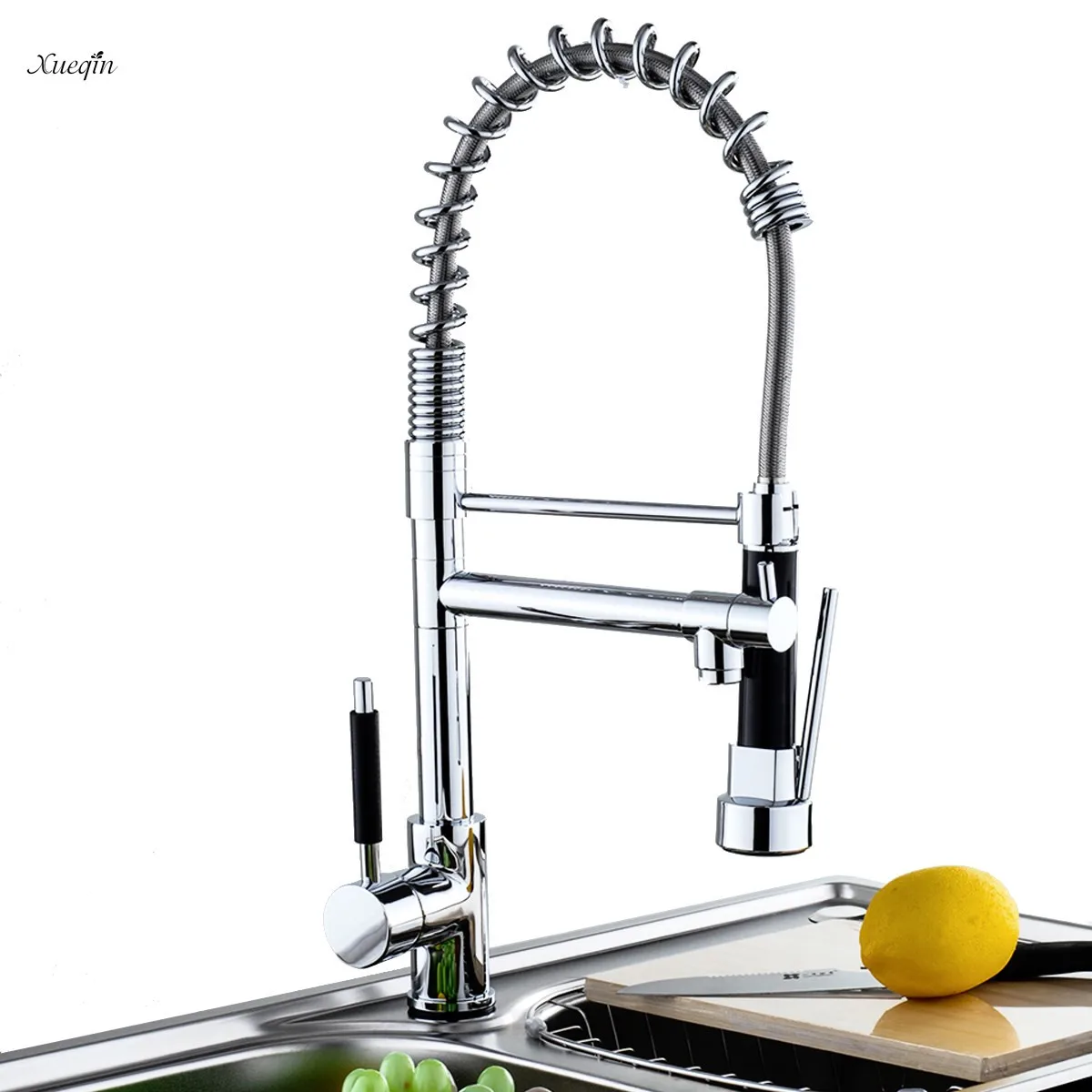 

Kitchen Chrome Pull Out Side Spring Faucet Sprayer Dual Spout Single Handle Mixer Tap Sink Faucet 360 Rotation Deck Mounted
