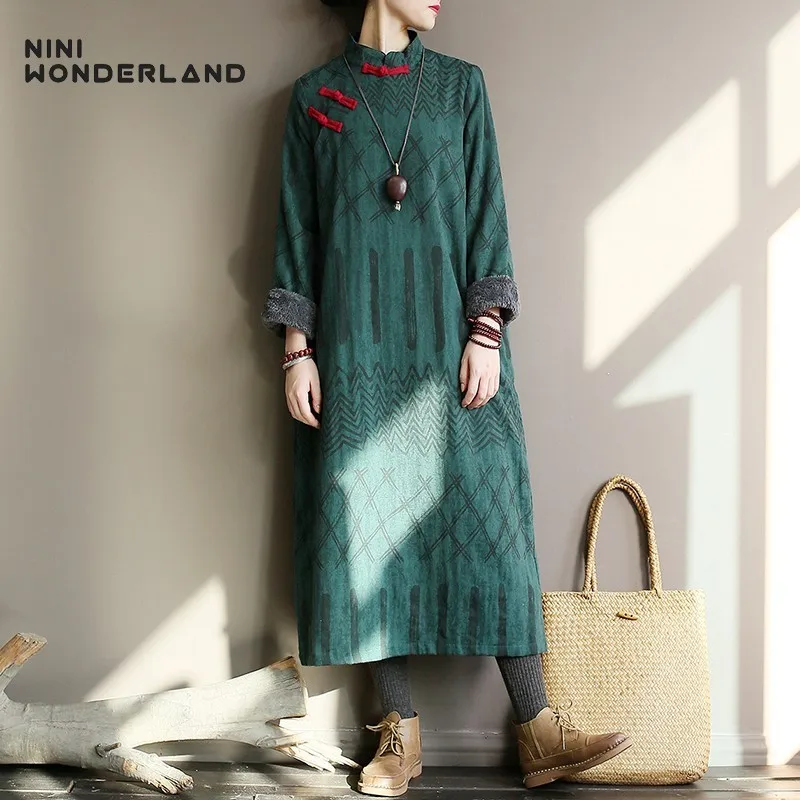 NINI WONDERLAND зимнее женское платье из флиса, плотное теплое длинное платье, женское платье с принтом в китайском стиле, свободный халат, жаккард, большой размер