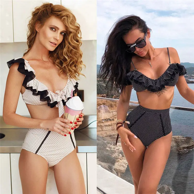 

2019 Bikini Women Ruffle Swimsuit Two Piece Dot Swimwear Push-up Bathing Suit Padded Bra Off Shoulder Beachwear Swimming Costume